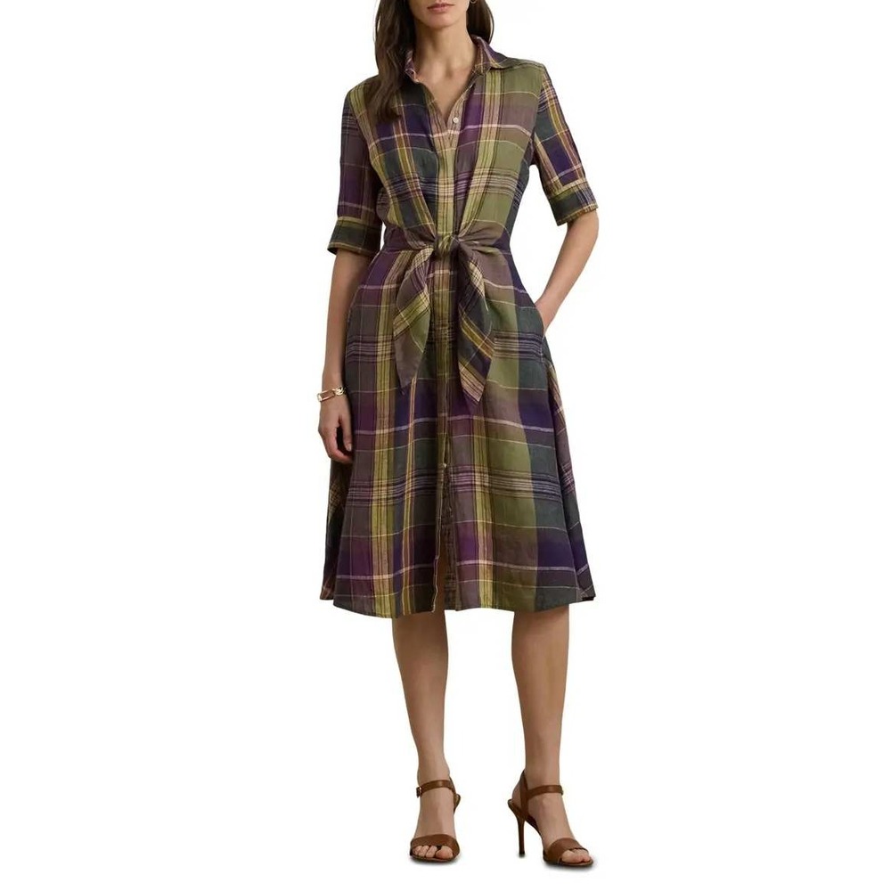 Lauren Ralph Lauren Shirt Dress Women 12P Green Purple Plaid Linen Belted